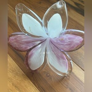 Handblown Murano-Style Art Glass Flower Sculpture | Pink & White Petal Design